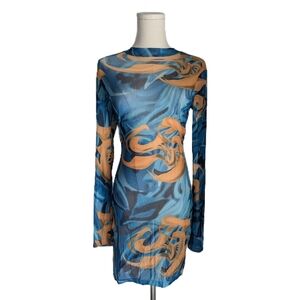 Blue ocean print mesh see through dress